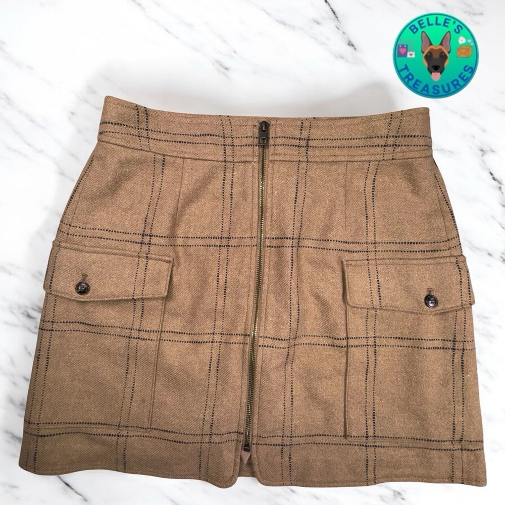 Madewell (Re)sourced Mini Skirt Womens 8 Camel Zip-Front‎ Windowpane Wool Blend